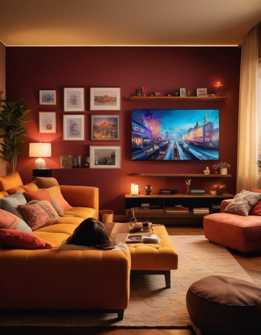 A vibrant scene showcasing a person immersed in a captivating video streaming experience, surrounded by colorful screens displaying various genres of entertainment like movies, music, and games. There are creative tools like sketch pads, digital designs, and popcorn scattered around, symbolizing both creativity and entertainment. The background features a cozy living room with soft lighting and trendy decor, highlighting comfort and innovation. super-realistic. vibrant colors. cozy atmosphere.