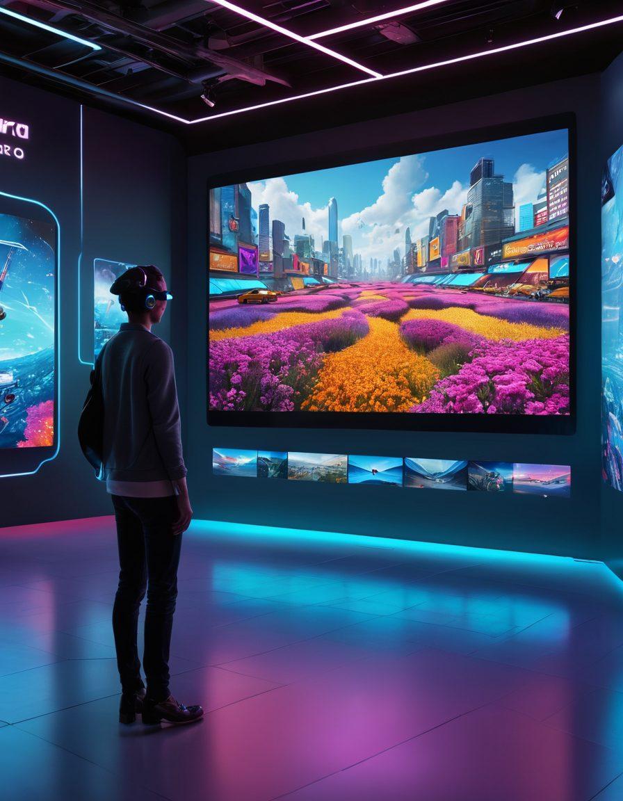 A futuristic digital landscape showcasing a variety of entertainment hubs, like streaming platforms and virtual reality spaces. Include vibrant screens displaying dynamic video content, people engaging with holographic interfaces, and drones delivering media. Highlight diverse cultures and technologies converging in this interactive environment. super-realistic. vibrant colors. 3D.